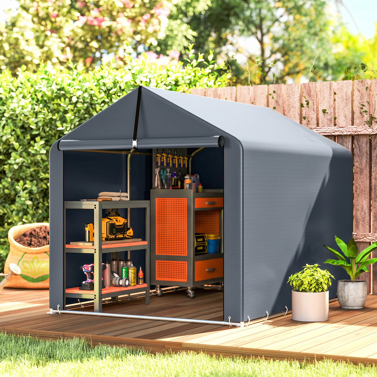 Garagetent 2,2 x 1,6 m waterdicht gereedschapstent met roldeur zadel dak stalen frame, UV-bestendig donkergrijs (2)