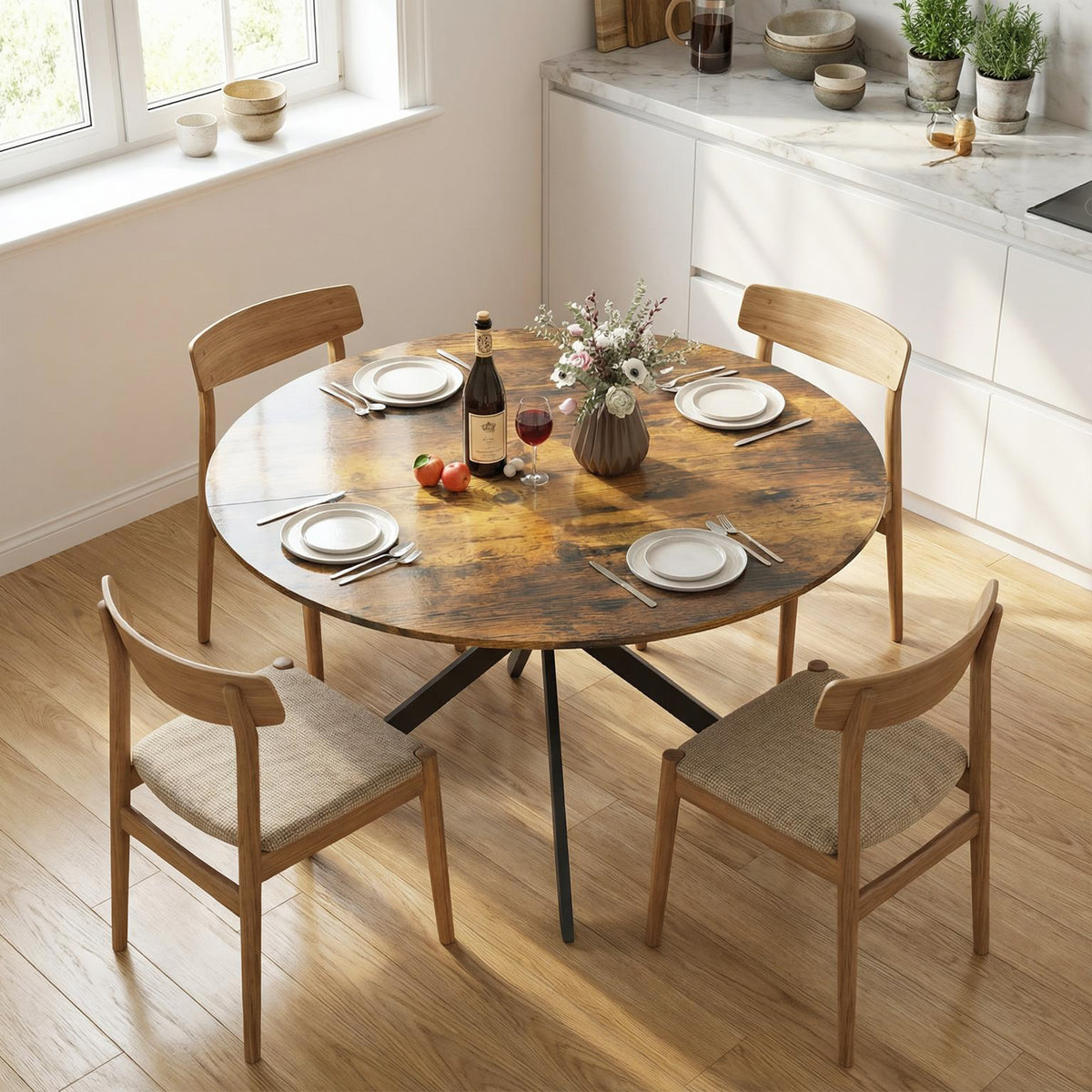 Ronde eettafel voor 4 personen, keukentafel in industriële stijl met stalen poten, voor eetkamer, keuken (2)