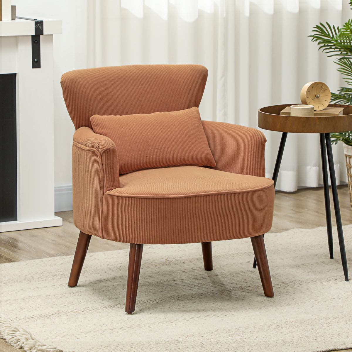 Moderne fauteuil, gestoffeerde accentstoel met lendenkussen, poten van rubberhout, oranje (2)