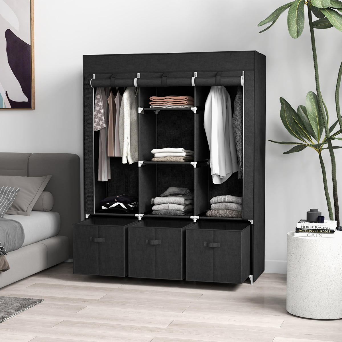 Stoffen kledingkast van vlies, vouwbare kast, incl. 3 lades, 125 cm x 43 cm x 162,5 cm, zwart (2)
