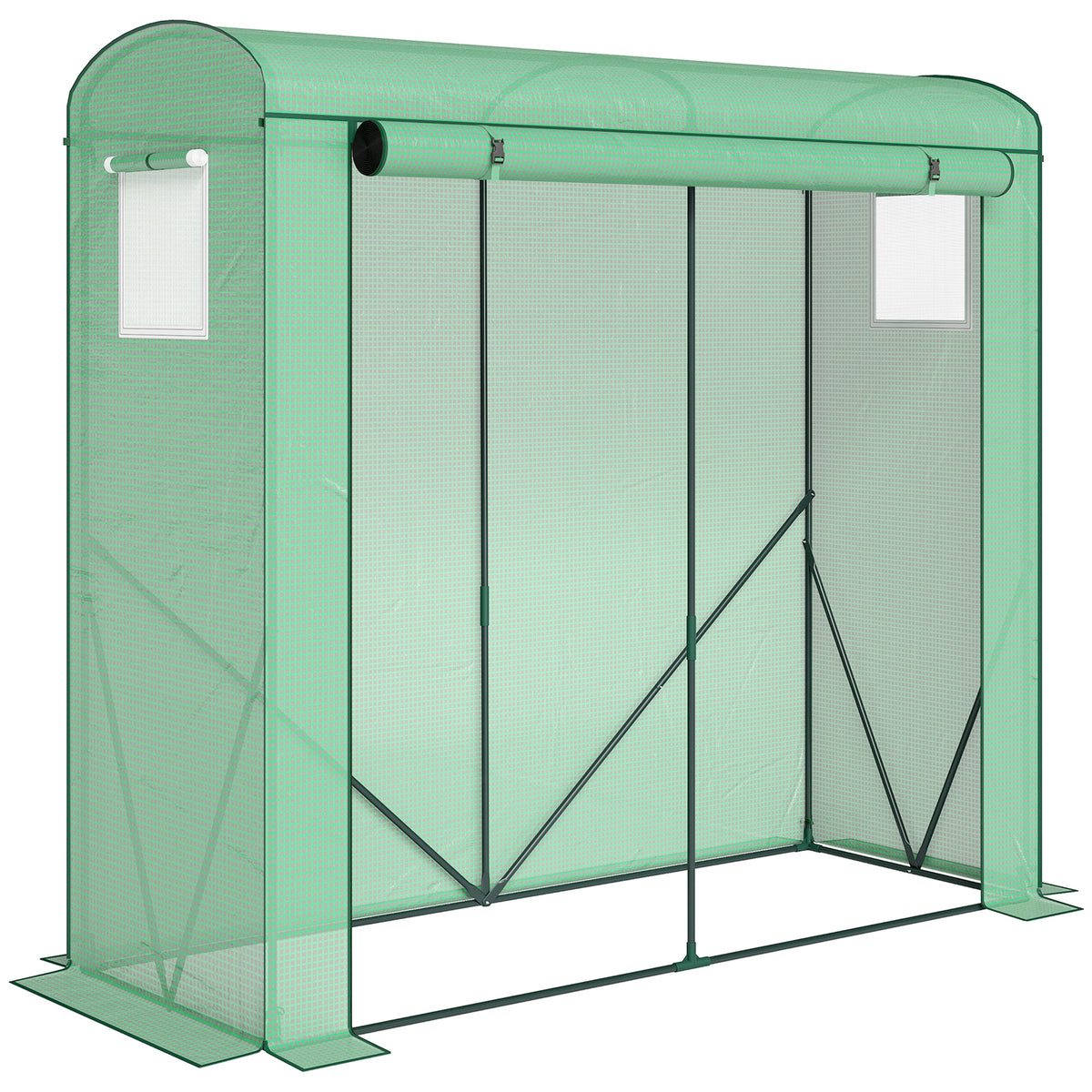 Kas met vensters met gaas en oprolbare deur, foliekas van staal 200 x 75 x 188 cm groen