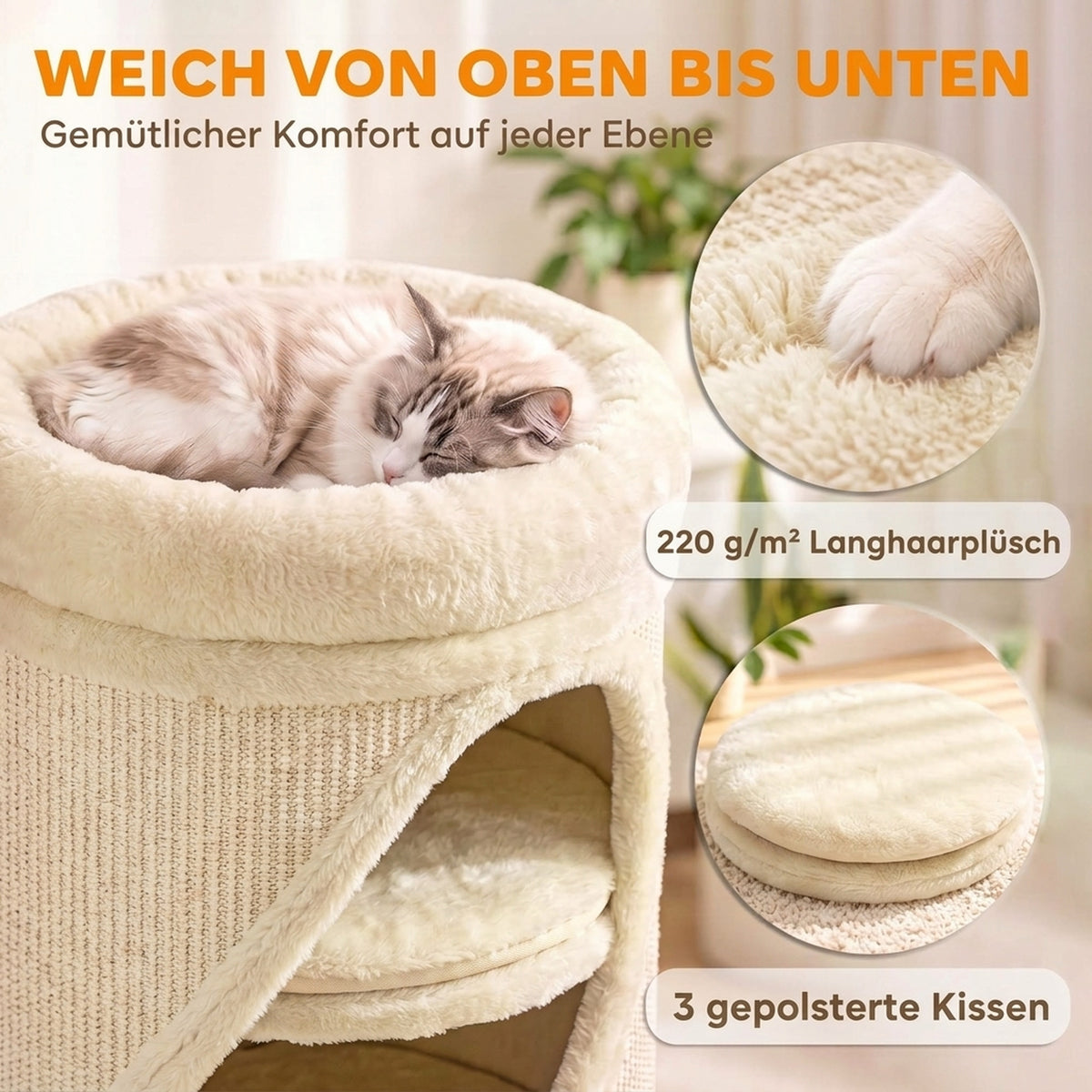 Krabton 75 cm hoog Ø 35 cm 4-traps kattenton met 3 holen, afneembaar wasbaar pluche bed sisal-kraboppervlak (6)