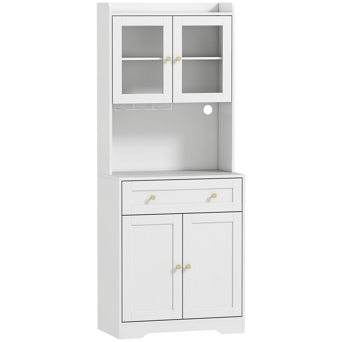 Keukenkast met werkblad, wijnglashouder, voorraadkast voor keuken, eetkamer, 170 cm, MDF, glas, wit