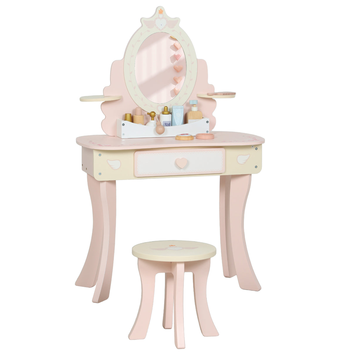 Kinderkaptafel, stoel, lade, afneembare spiegel, kinderbureau met 7 accessoires, 2-in-1 ontwerp, MDF, roze