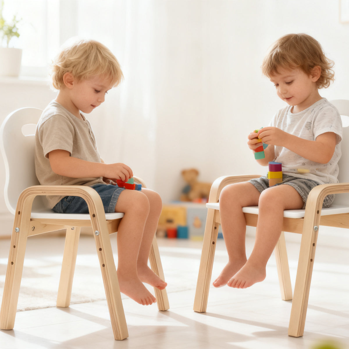 Houten kinderstoelset, antislip voetkussentjes, 3-9 jaar, in hoogte verstelbaar, wit (2)
