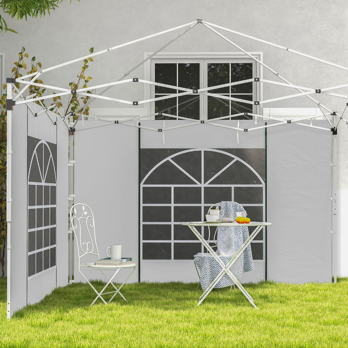 Pavillongordijnen, 2-delige set, voor 3x6m of 3x3m tuinpaviljoens, met ramen en deuren, wit (2)
