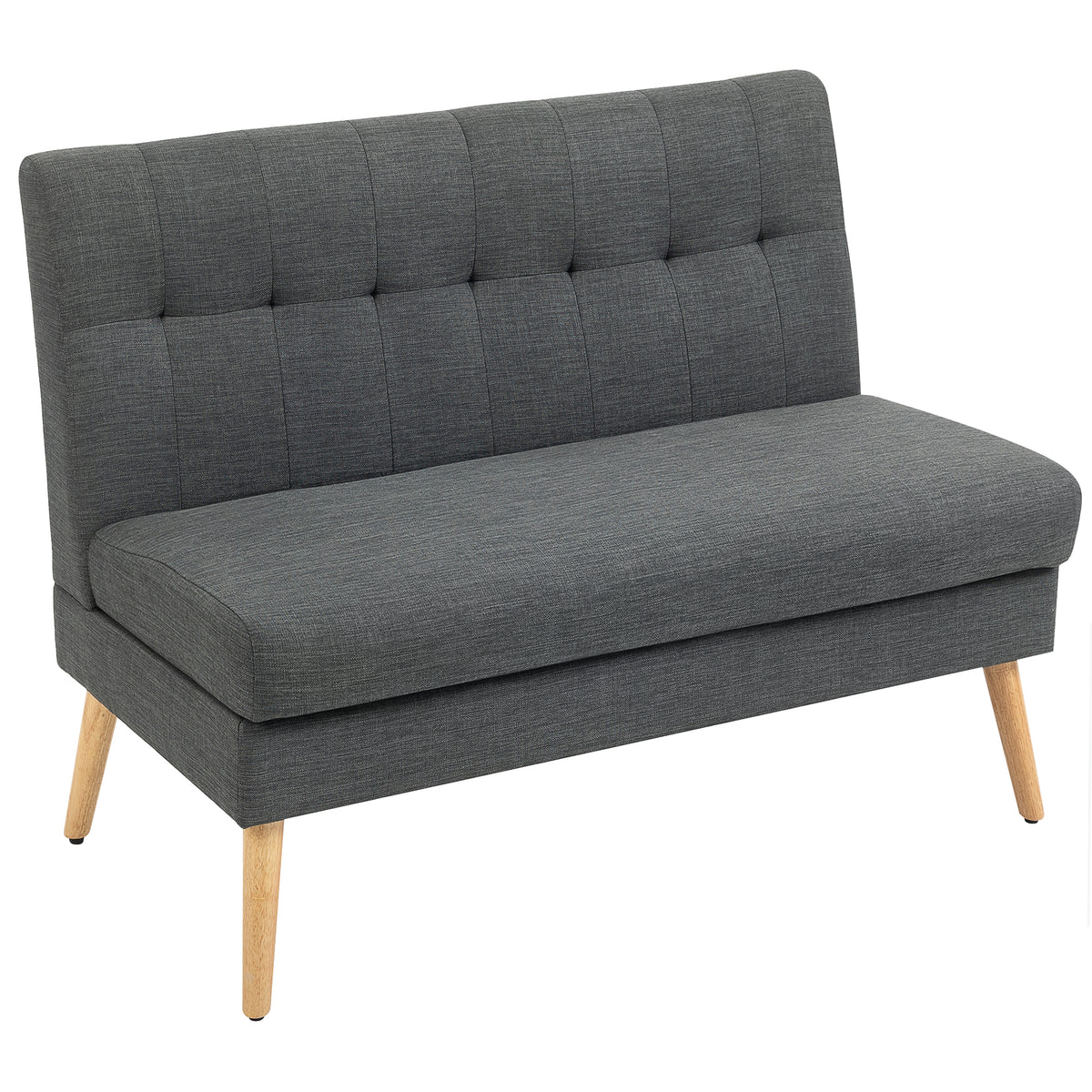 2-zitsbank, gecapitonneerde rugleuning, houten poten, dikke bekleding, linnenlook, voor kleine ruimtes, grijs
