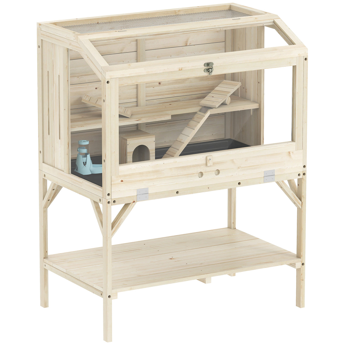 Hamsterkooi, 2 verdiepingen, knaagdierenkooi met opbergvak, accessoires, 84 x 53 x 110 cm, natuurlijk hout