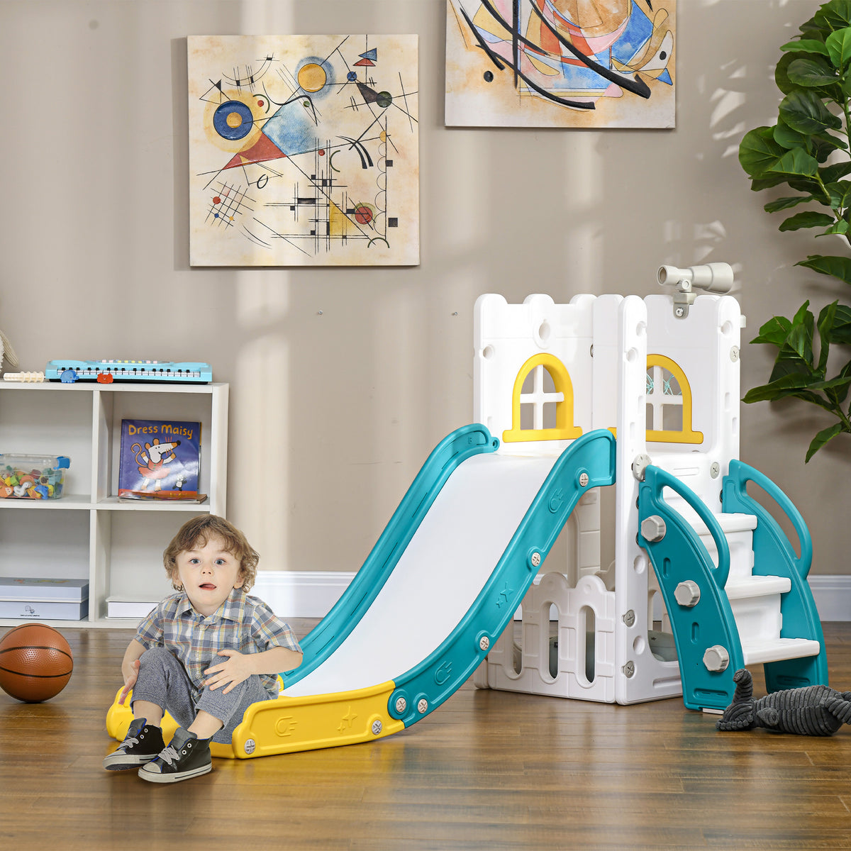 Kinderglijbaan, 5-in-1, peuterglijbaan met basketbalring, telescopisch klimrek geel 70 x 177 x 92 cm (2)