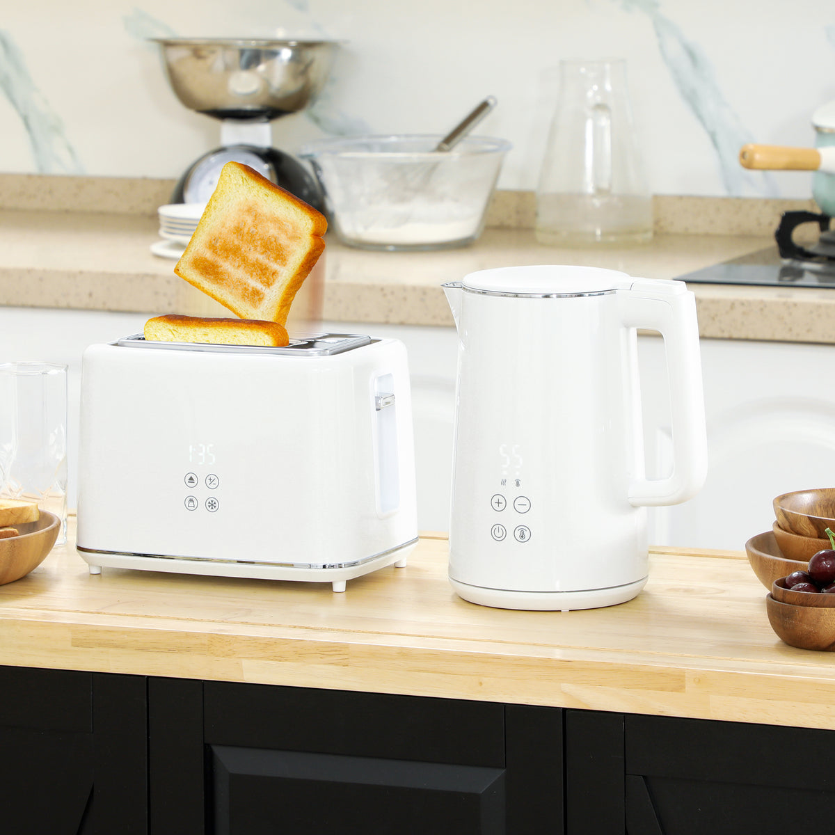 Keukenset met waterkoker en broodrooster, 7 bruiningsstanden, snel koken, roestvrij staal, kunststof, wit (2)