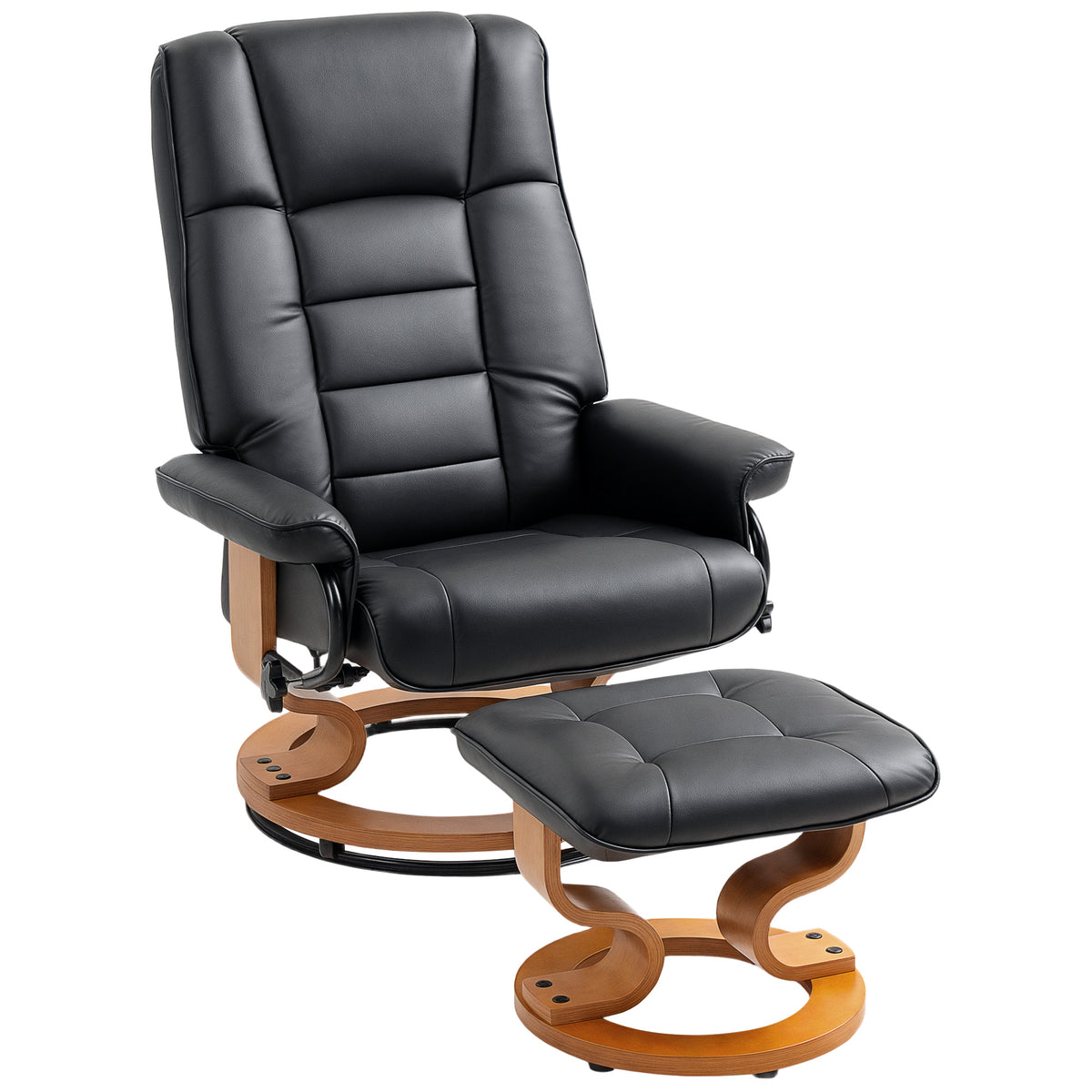 Relaxfauteuil met hocker, draaibaar & kantelbaar, kunstlederen bekleding, tot 150 kg, houten frame, zwart
