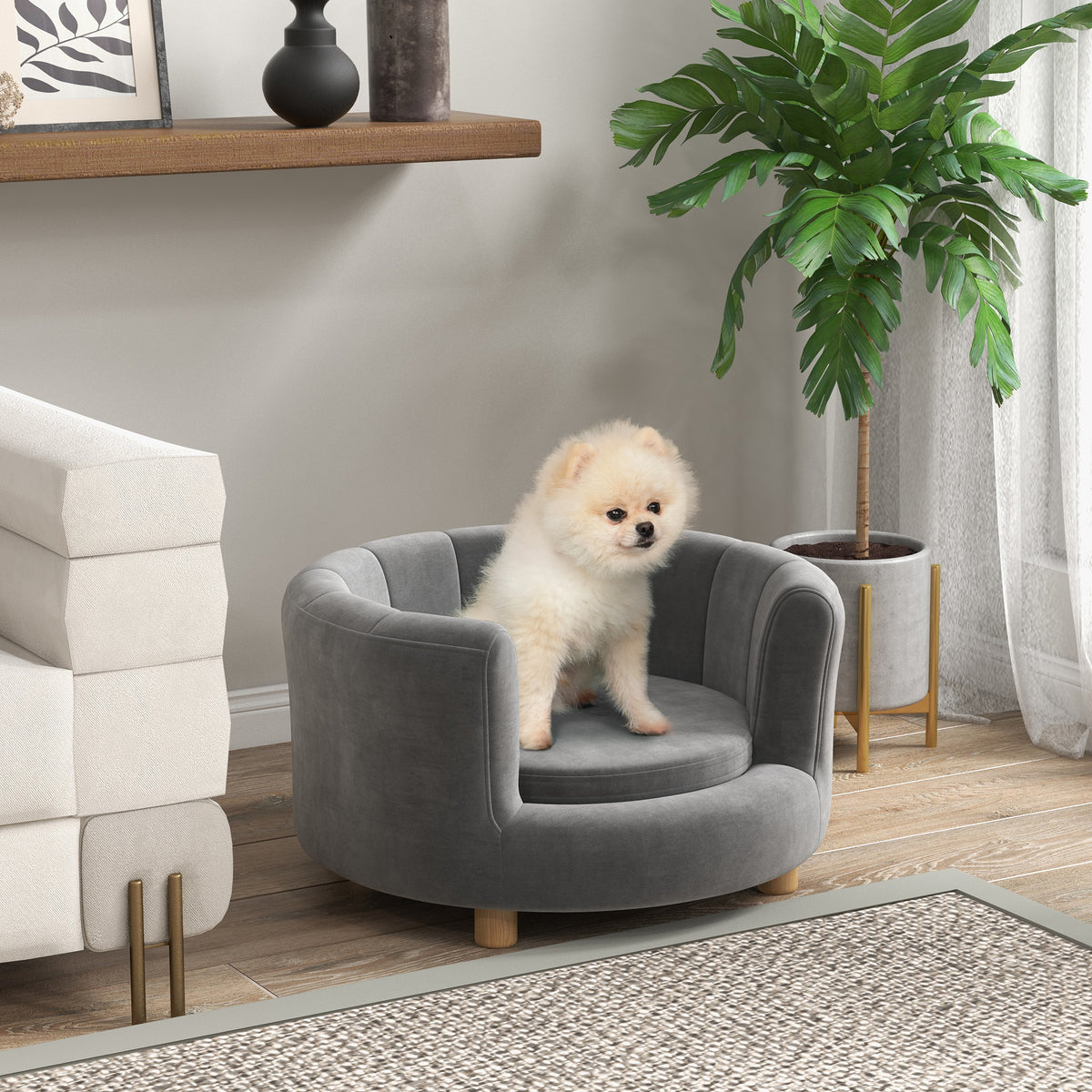 Huisdierbed voor honden en katten, houten poten, verhoogd, flanellen hoes, uitneembaar kussen, grijs (2)