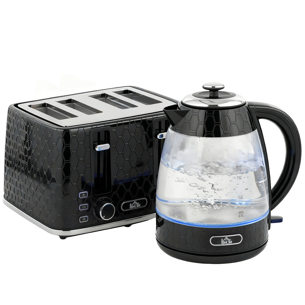 1,7L 2200W snelle waterkoker en broodrooster voor 4 sneden met kalkfilter, zwart