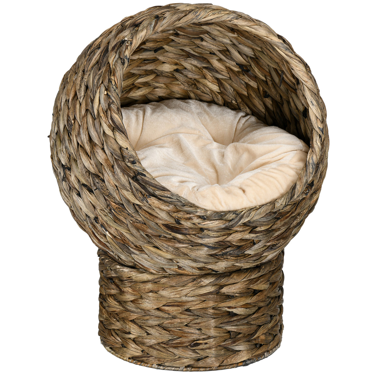 Rattan kattenmand kattenhol kattenhuis kattenbed met kussen huisdierbed waterhyacint koffie 40 x 37 x 51 cm