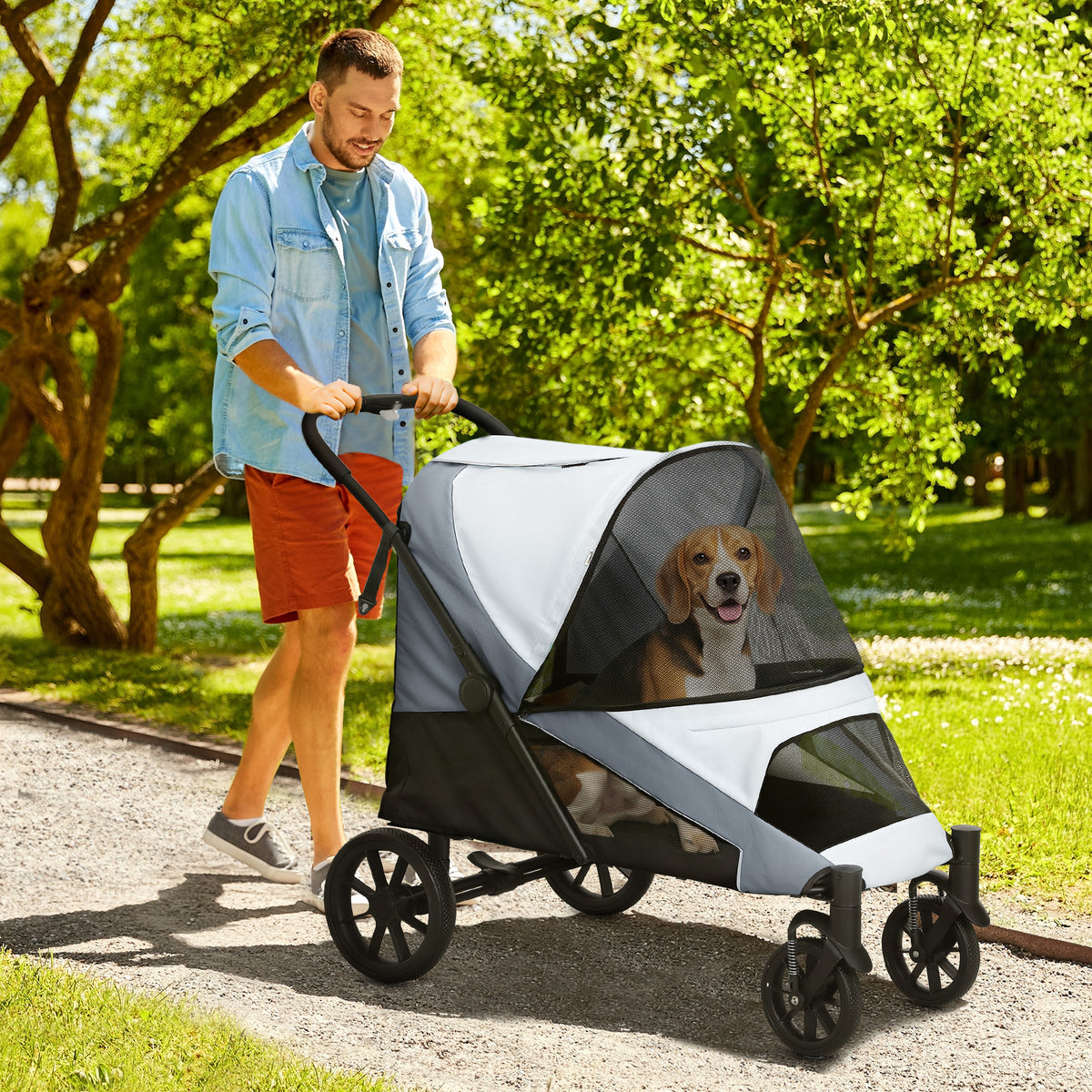 Hondenwagen, opvouwbare hondenbuggy voor middelgrote honden, huisdierenwagen met 4 wielen, veiligheidslijnen (2)