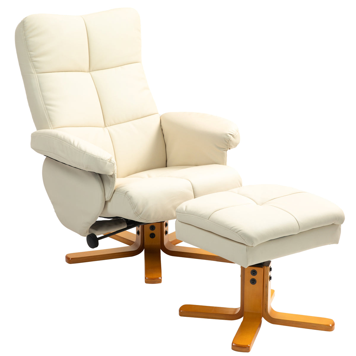 Relaxfauteuil met voetenbank, 145° kantelbare rugleuning, 360° draaibaar, kunstleer, crèmewit