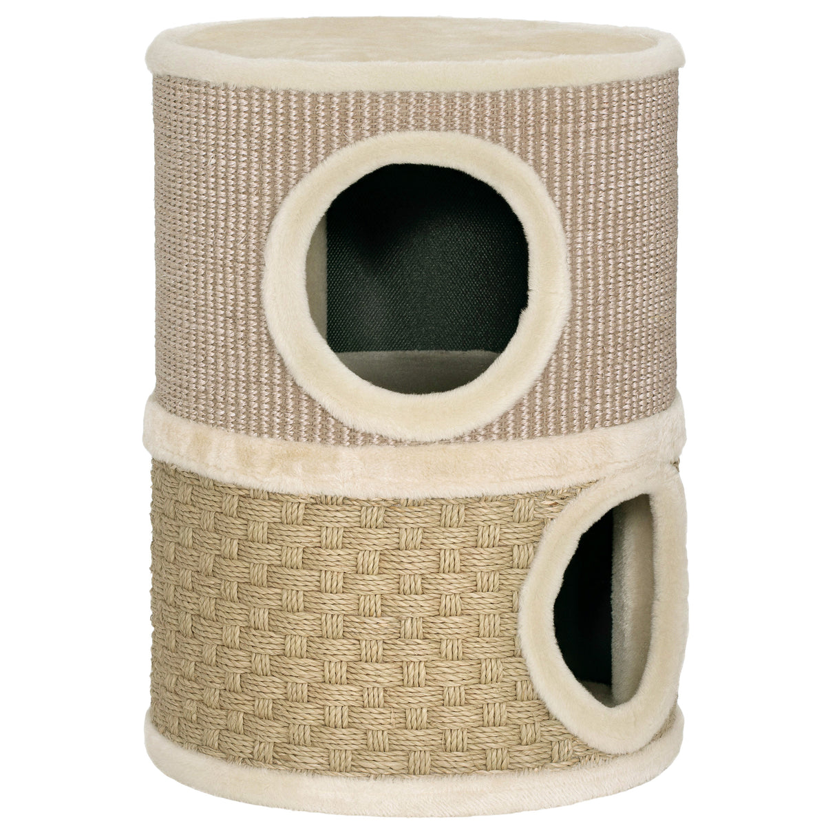Krabton, 49 cm hoog, Ø35,5 cm, krabton met twee verdiepingen, pluche rand, krabmat, 2 grotten, kaki + koffie