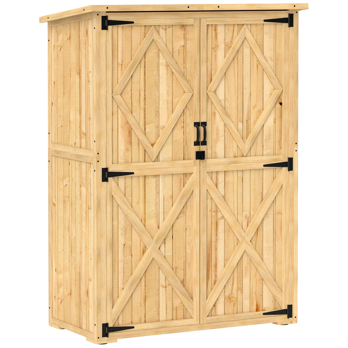 Tuinhuis, houten schuur voor gereedschap en tuinspullen, asfalt dak, dubbele deuren, vurenhout, lichtbruin