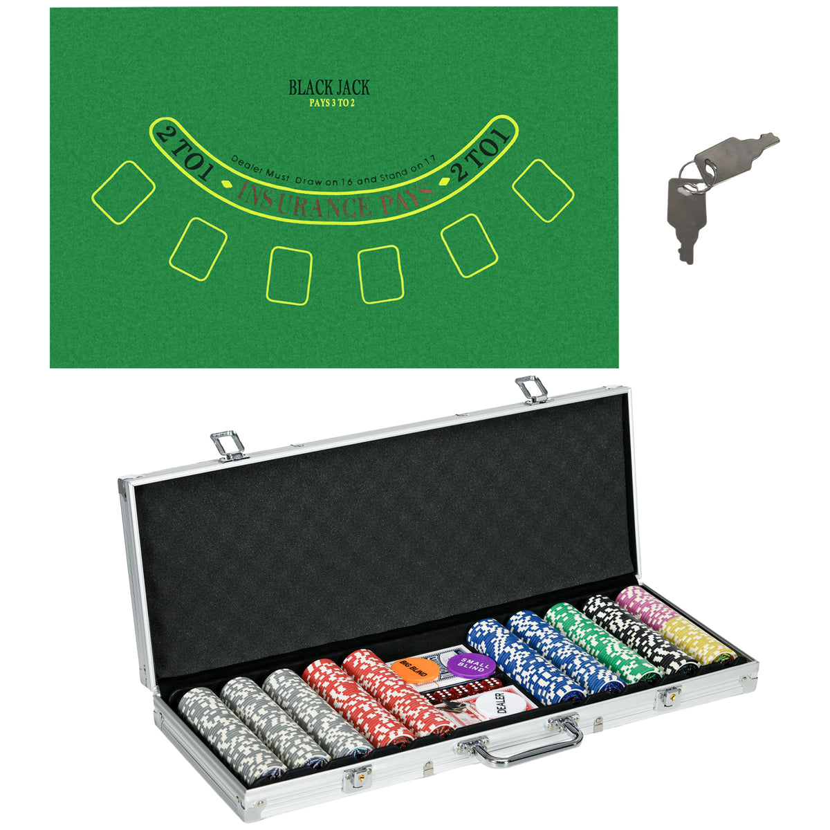 Casino-accessoires en chips pokerset met chips, pokerkoffer, incl. onderlegger, 500 chips, set voor 9-10 spelers