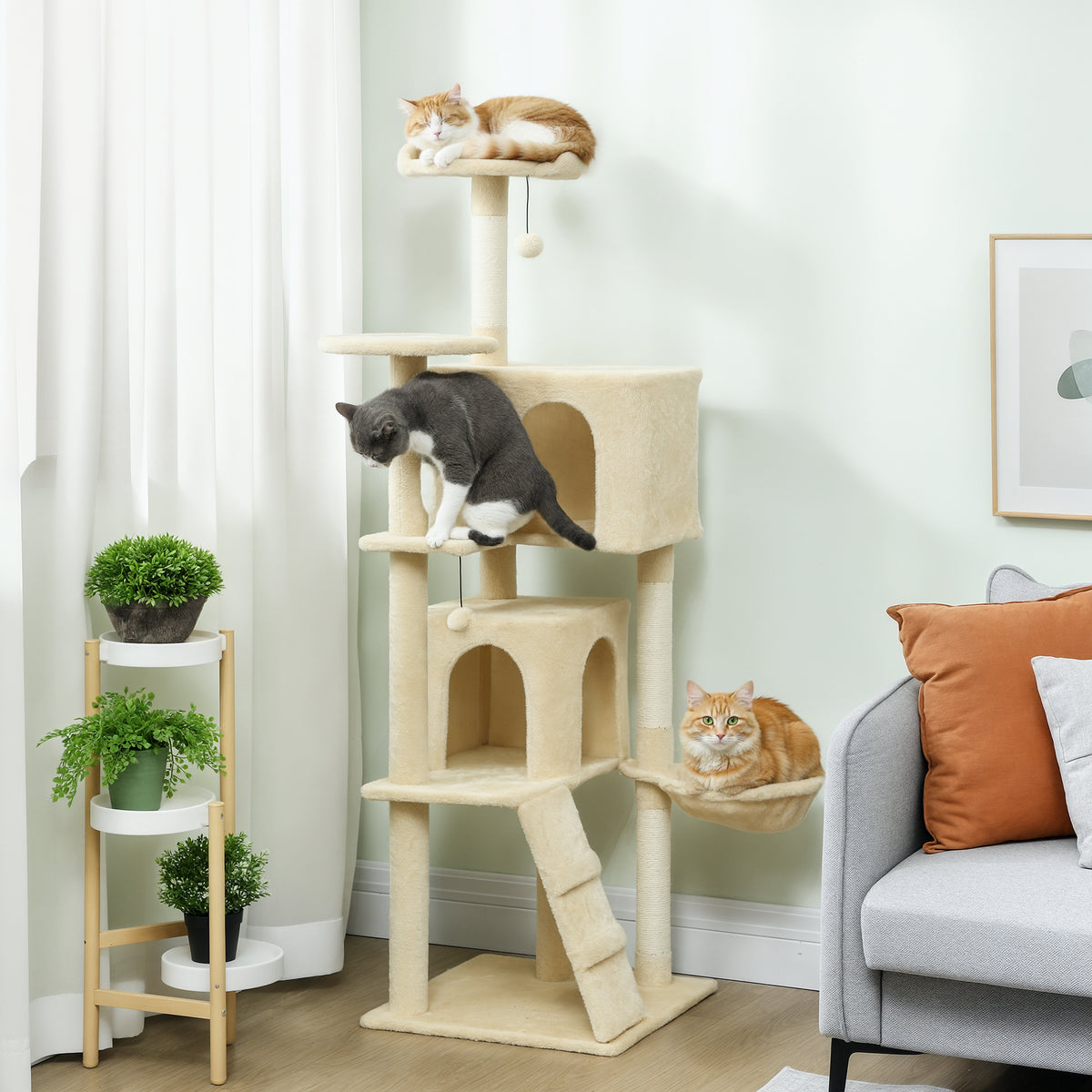 Krabpaal 160 cm kattentoren met hangmat, ladder, grot, 2 pluche balletjes, sisalstammen, 48 x 48 x 160 cm, beige (2)