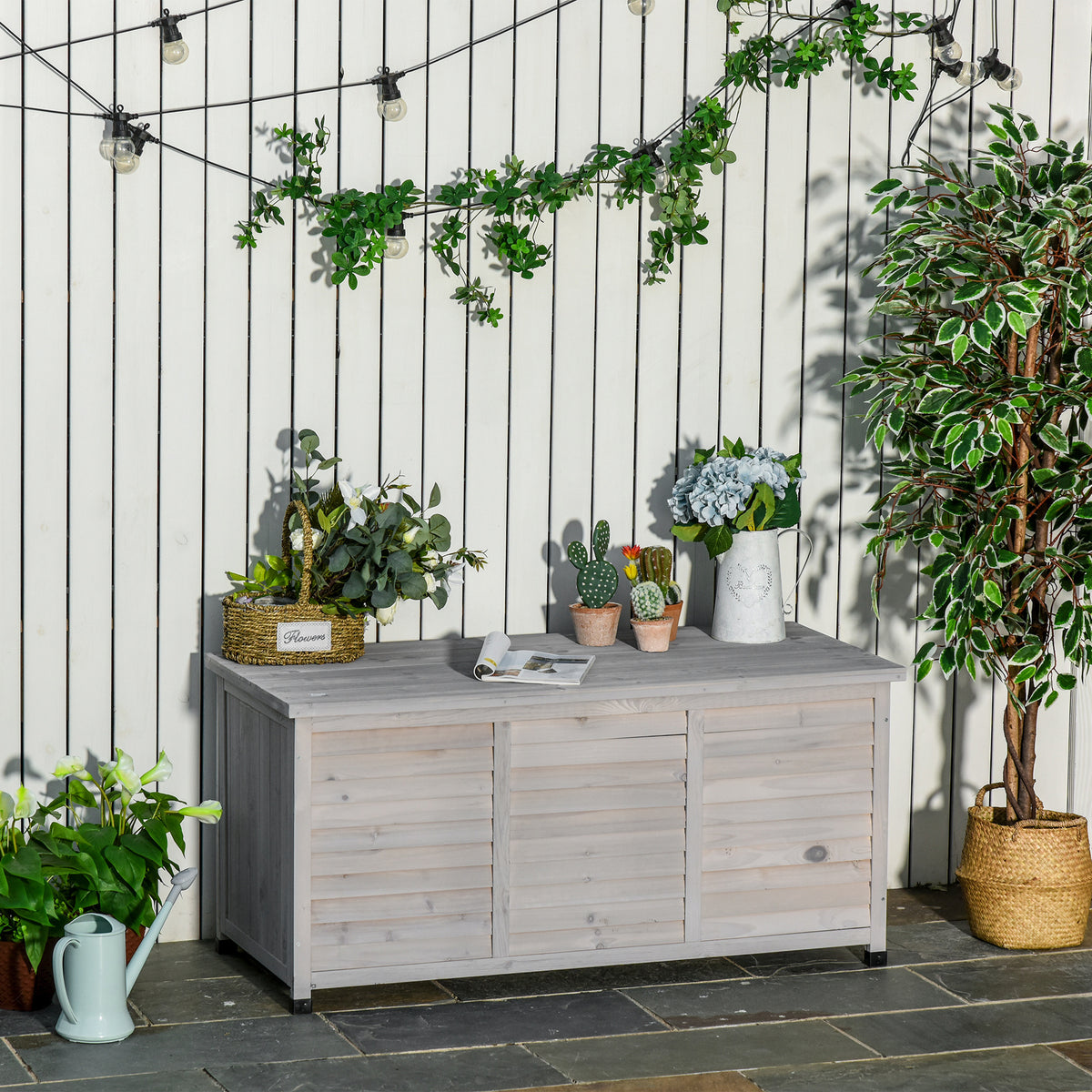 Tuinbox, weerbestendig, luchtdoorlatend, kussenbox, opbergbox, vurenhout, grijs, 127 x 56 x 60 cm (2)