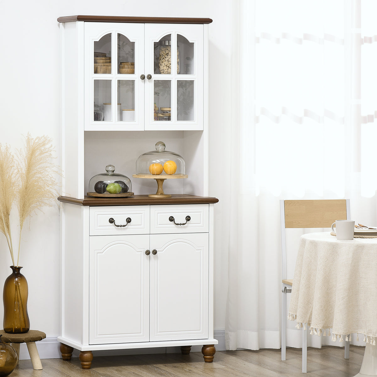 Keukenkast, buffetkast, 2 lades, 2 kastvakken, klassiek design, wit+donkerbruin, 76 x 38 x 182 cm (2)