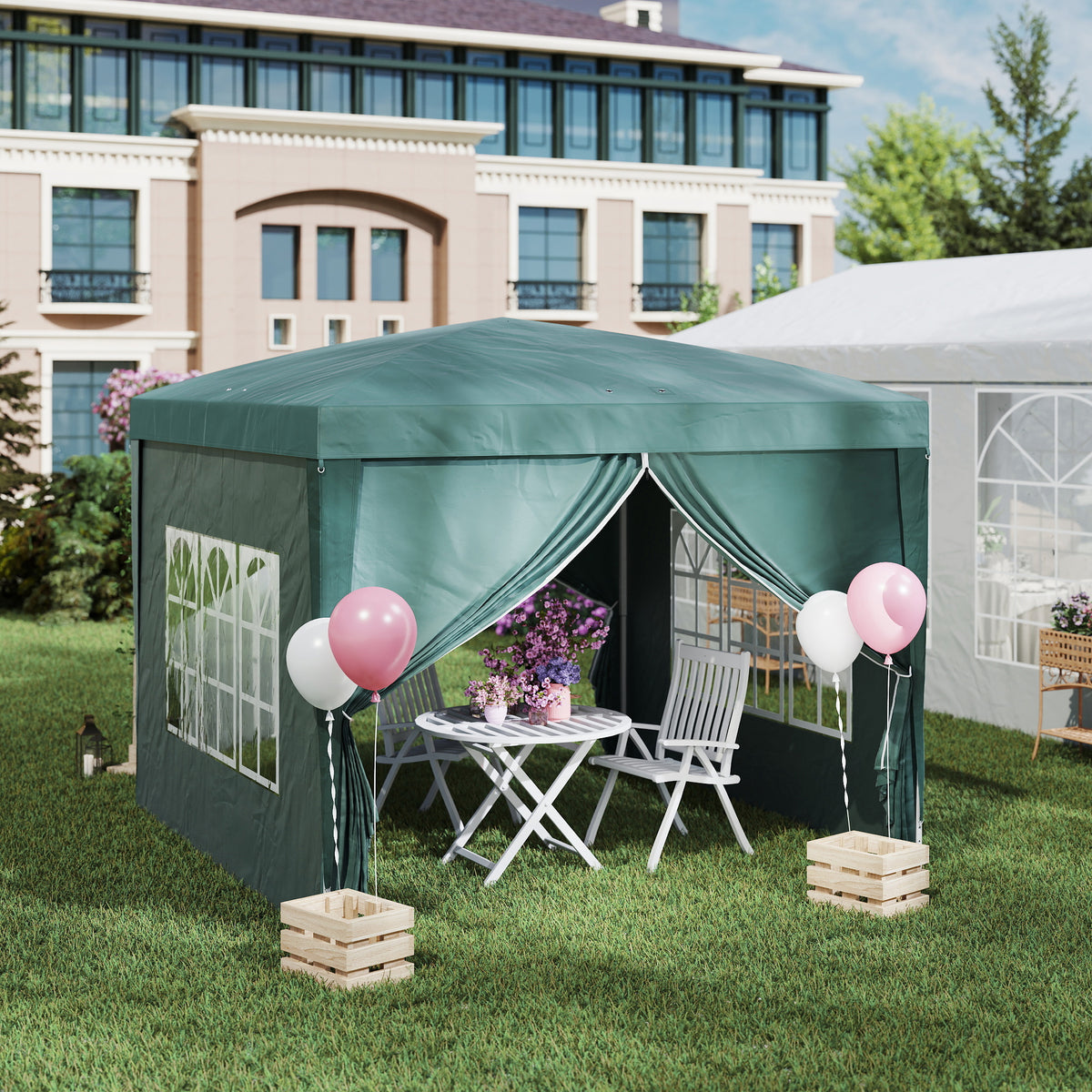 3 x 3 m paviljoen met 4 zijwanden, ramen, feesttent met uv-bescherming, tuintent incl. draagtas, staal, groen (2)