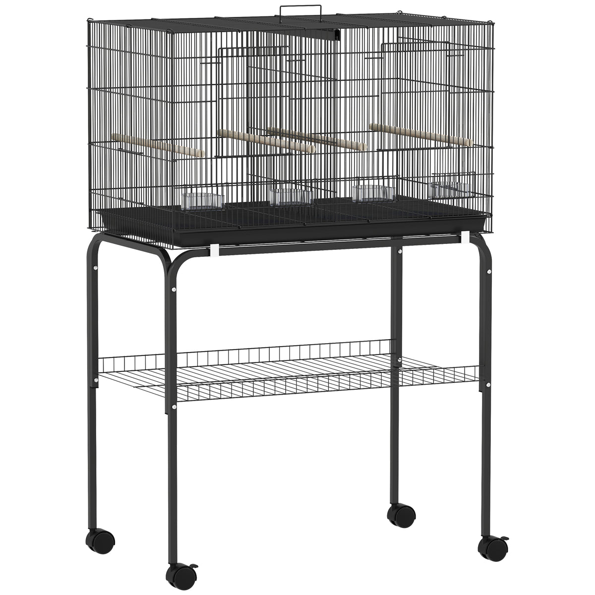 Vogelkooi, vogelvolière met wielen, 2 deuren, 4 zitstokken, opbergvak, metalen vogelhuis 76x46x116cm, zwart