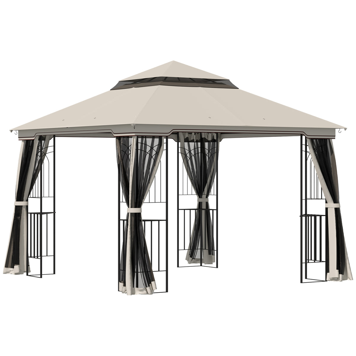 Tuinpaviljoen met dubbel dak, tuinpaviljoen, partytent, feesttent met 4 zijwanden, metaal+polyester, beige, 2,99