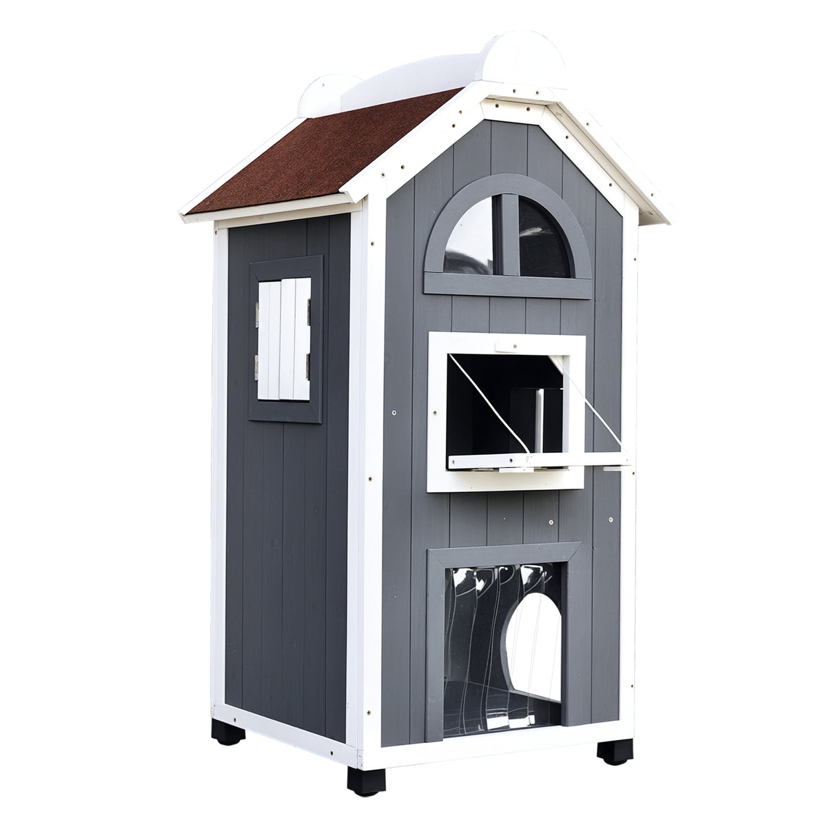 Buitenkattenhuis, 2-verdiepingen kattenhuis van dennenhout, weerbestendig kattenhok met asfalt dak, voor 1-2