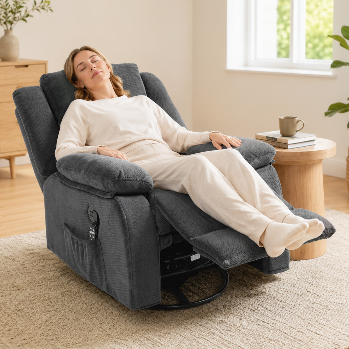 Relaxfauteuil met vibratiemassage en warmtefunctie, handmatig verstelbare draaifauteuil met schommelfunctie en (2)