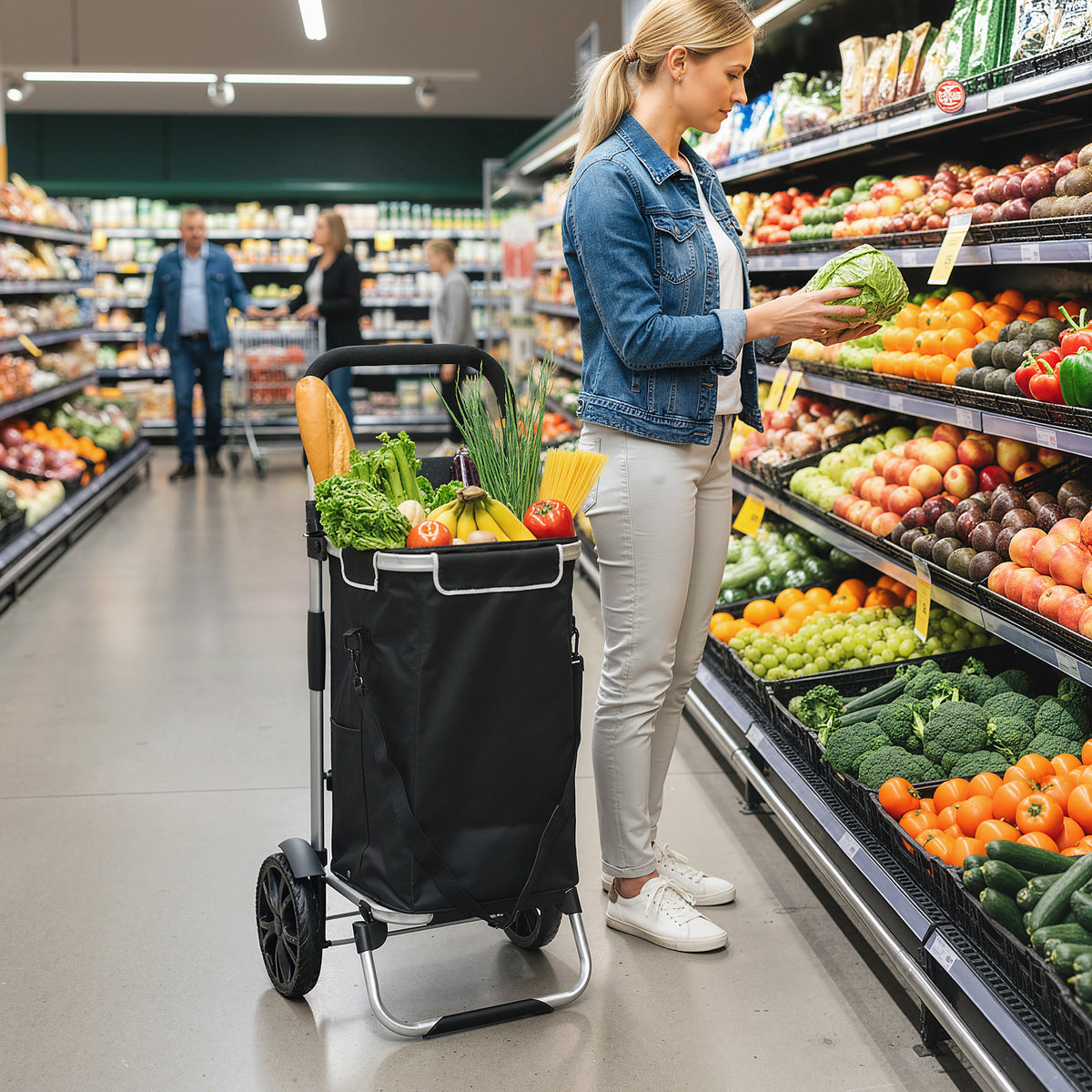 3-in-1 inklapbare boodschappentrolley met 40L inhoud, belastbaar tot 25kg met koelvak zwart (2)