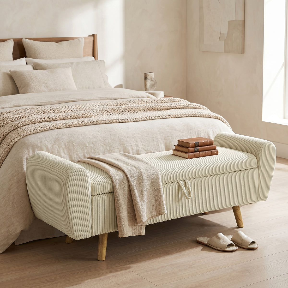 Opbergbank, gestoffeerde bank met corduroy-look, houten poten en opgerolde armleuningen, beige (2)