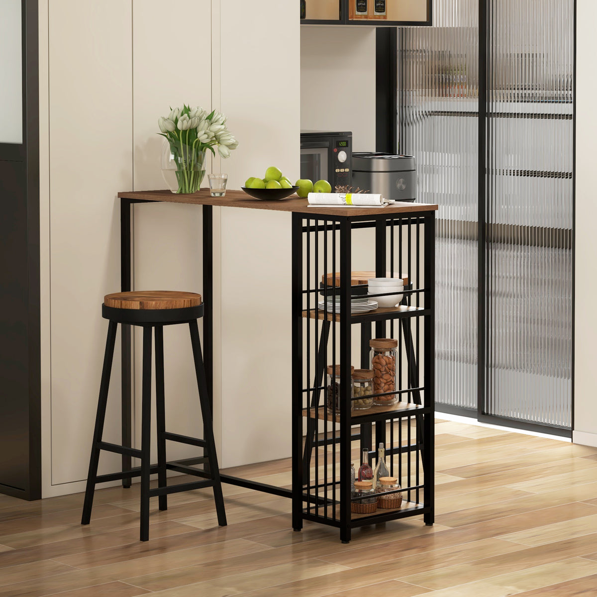 Bartafel statafel keukentoog, industrieel design, 3 legplanken, 120 x 40 x 105 cm; zwart + bruin (2)