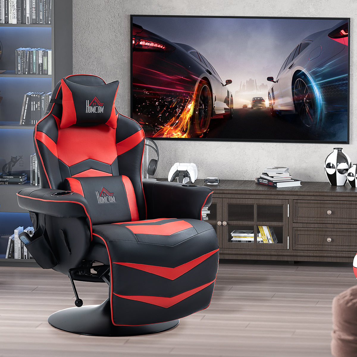 Gaming-stoel, massagefunctie, verstelbare rugleuning, voetensteun, tot 120 kg, stalen frame, kunstleer, rood (2)