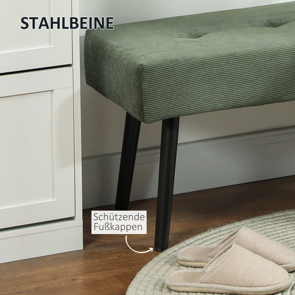 Gestoffeerde bank met ribfluwelen bekleding, bedbank met metalen poten, schoenenbank 100 x 36 x 45 cm groen (5)
