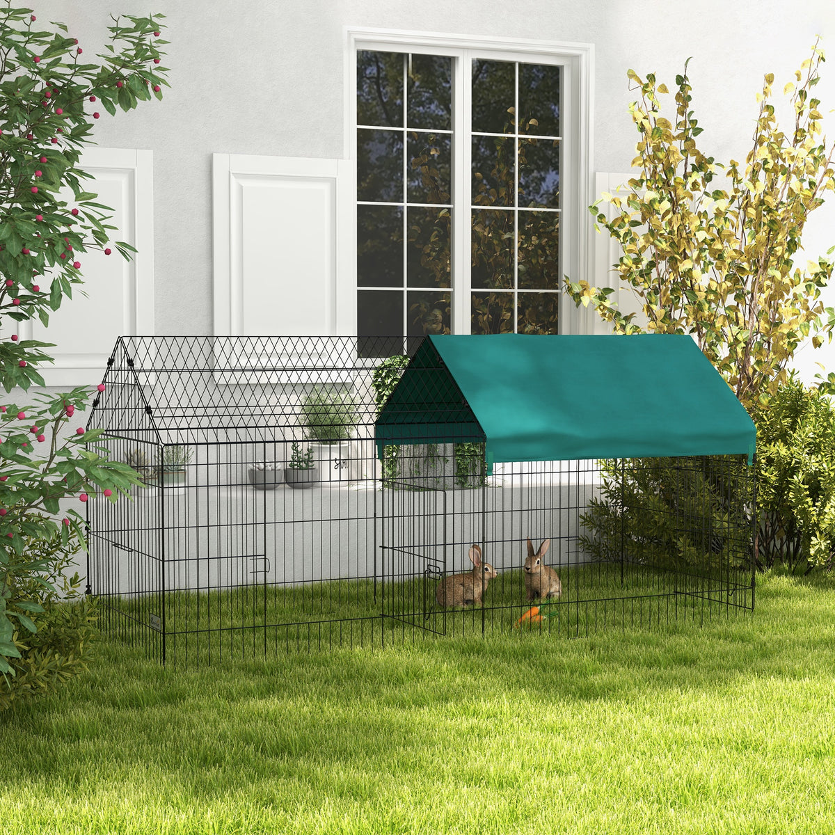 Kleine dierenren met dak, 4 deuren, weerbestendig, staal/polyester, 220x85x103cm, groen/zwart (2)