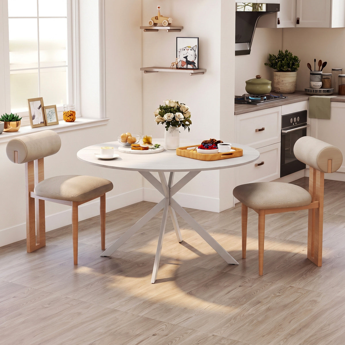 Ronde eettafel voor 4 personen, keukentafel in industriële stijl met stalen poten, voor eetkamer, keuken, wit (2)