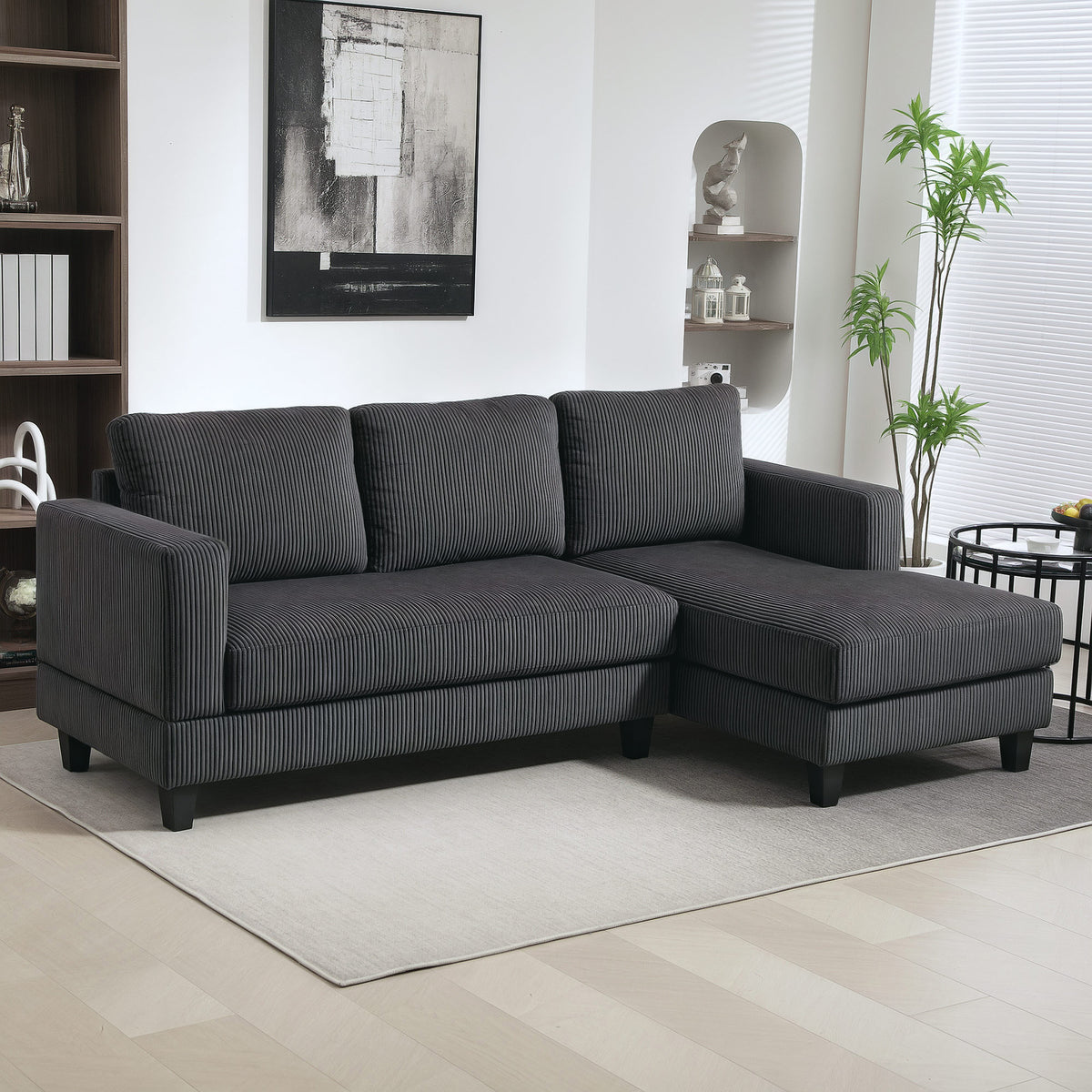 Hoekbank, L-vormige 3-zitsbank met chaise longue, houten constructie, 8 poten, corduroy, schuimvulling, grijs (2)