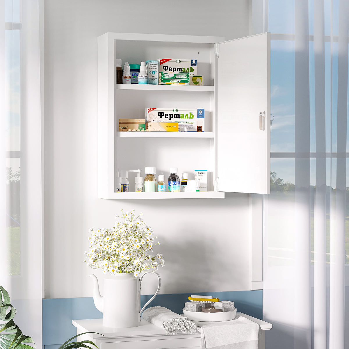 Medicijnkast, 3 vakken, afsluitbare deur, stevige stalen behuizing, wit, 40 x 15 x 53,5 cm (2)