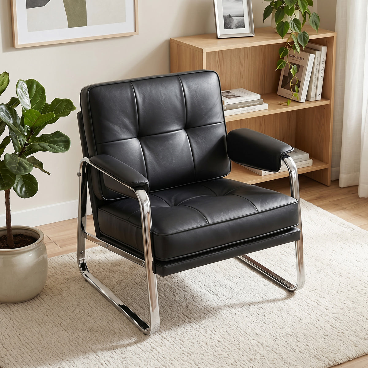Fauteuil, loungestoel met brede zitting, armleuningen, stalen poten, van kunstleer voor woonkamer, slaapkamer (2)