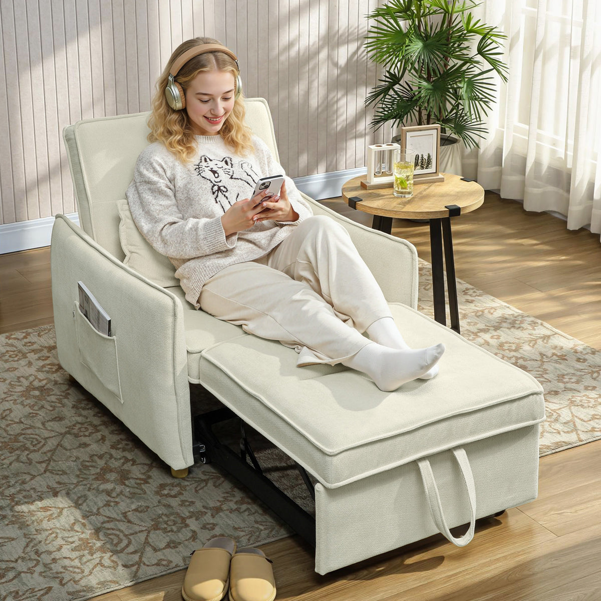 Slaapfauteuil 3-in-1 converteerbare fauteuil met bedfunctie, lendenkussen, voor woonkamer crème (2)