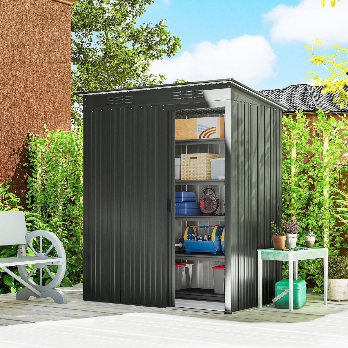 Metalen tuinhuis 1,37 m², gereedschapsschuur met eenvoudige montage lessenaarsdak schuifdeur ventilatie (2)