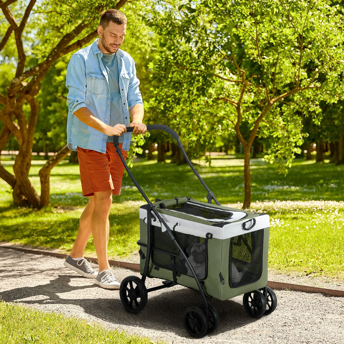 Hondenbuggy huisdierbuggy hondenwagen, inklapbaar, afneembare mand, 81 x 58 x 97,5 cm, zwart+donkergroen+wit (2)
