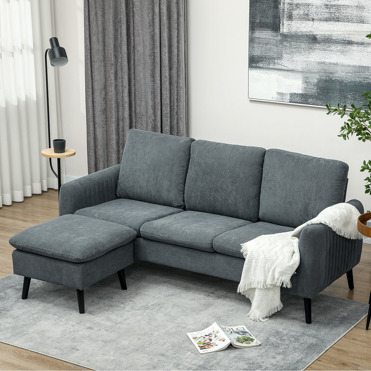 Hoekbank, 3-zitsbank met voetenbank, stoffen bekleding, L-vormige bankset, donkergrijs (10)