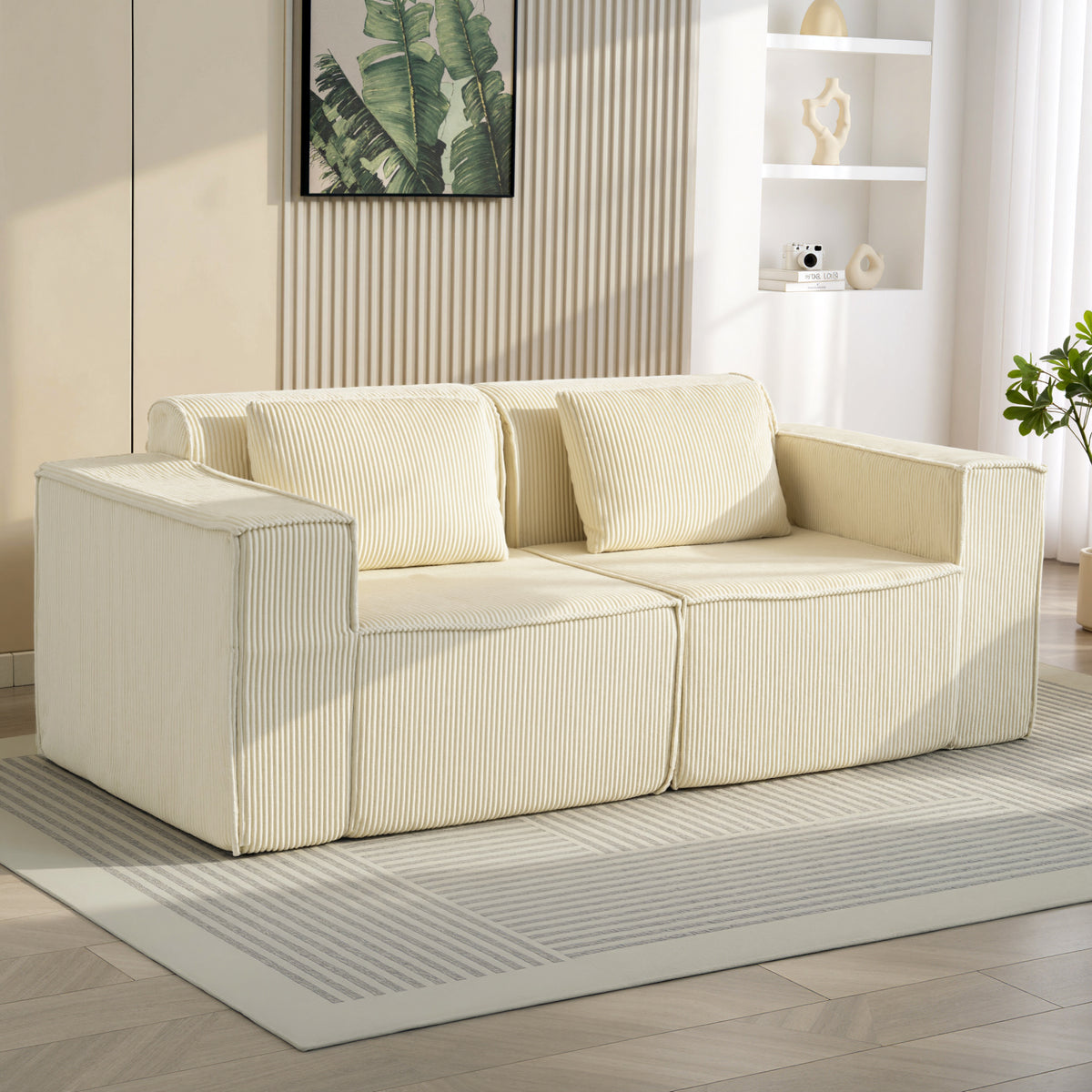 3-zitsbank, zachte schuimstructuur, brede armleuningen, 2 kussens, corduroy bekleding, beige (2)
