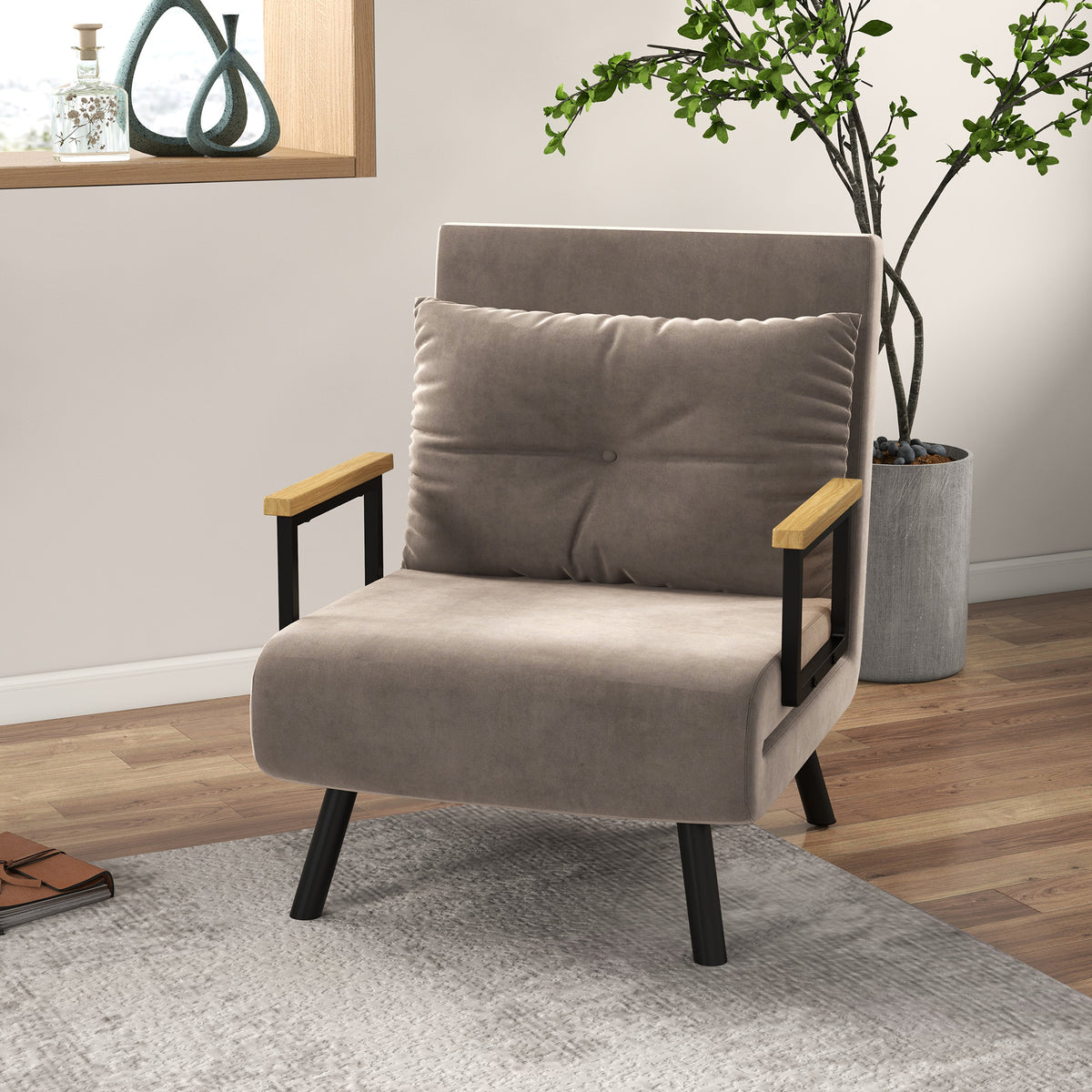 Slaapfauteuil, logeerbed, verstelbare rugleuning, tot 120 kg, stalen frame, 63x73x81 cm, lichtbruin (2)