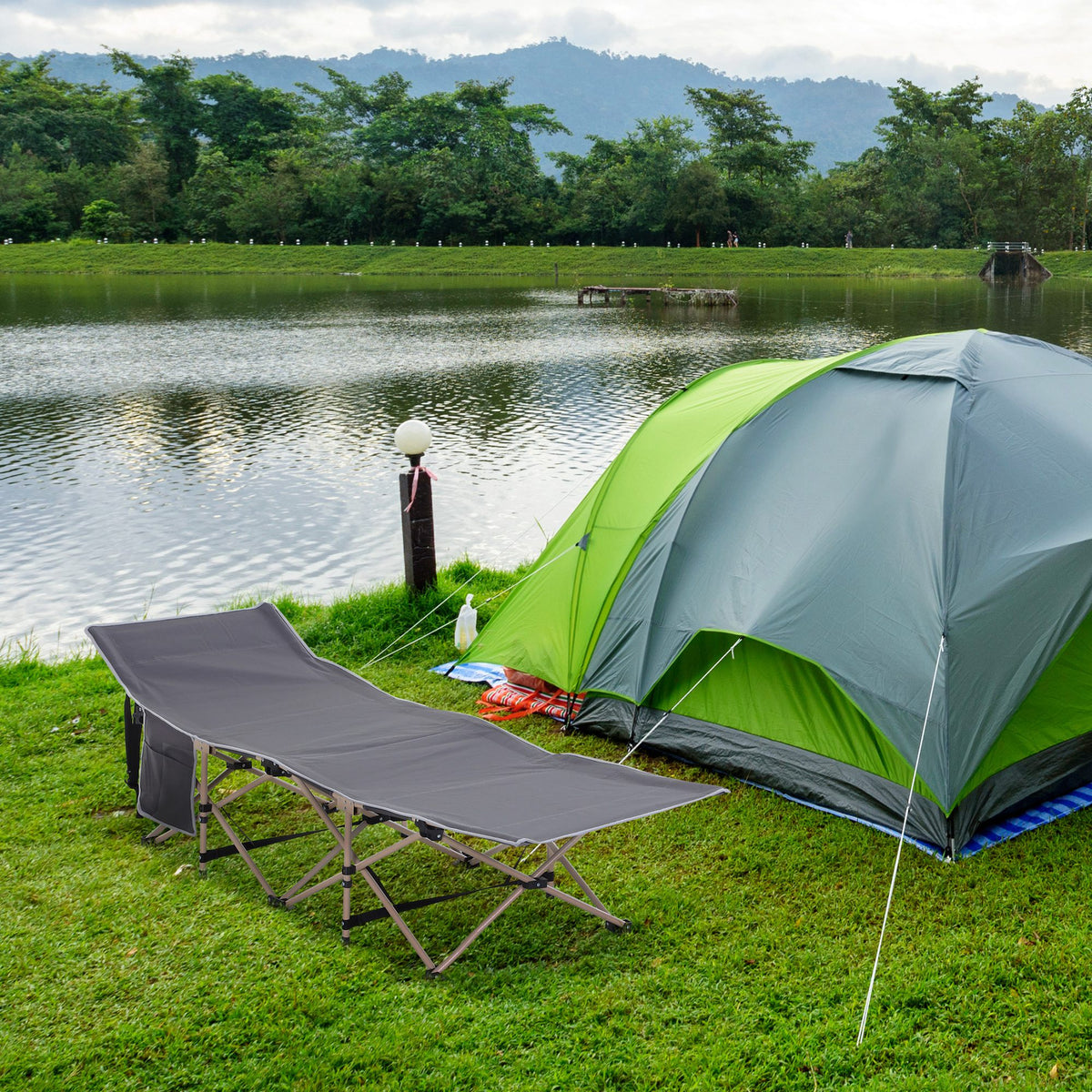 Veldbed, campingbed, inklapbaar, weerbestendig, incl. draagtas, 190 x 68 x 52 cm, grijs (2)