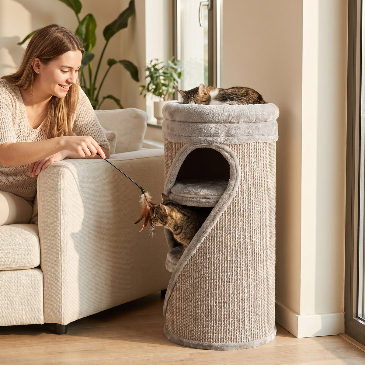Krabton 75 cm hoog Ø 35 cm 4-laagse kattenmand met 3 holen, afneembaar wasbaar pluche bed sisal-kraboppervlak (8)
