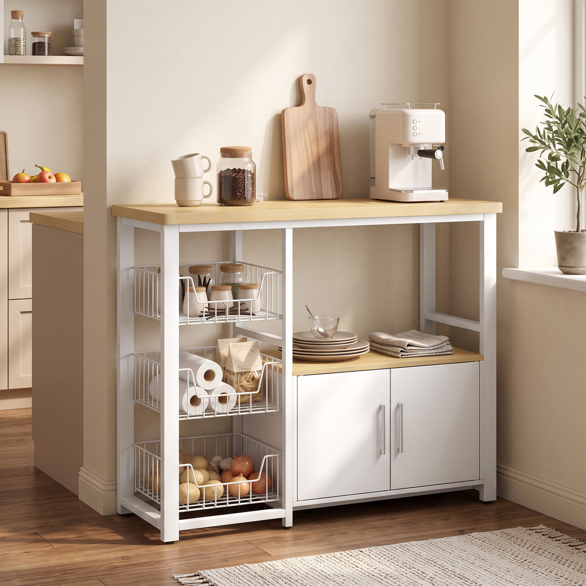 Keukenrek met opbergruimte, magnetronrek met 3 manden en kast, 100 x 35 x 80 cm, wit (2)